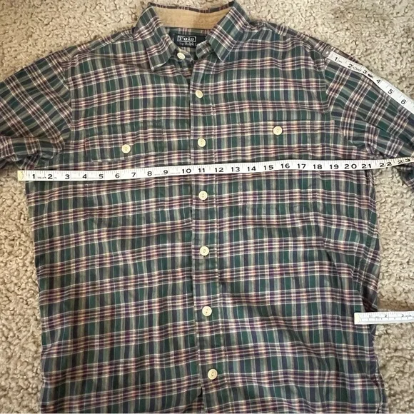 Vintage 1990s Polo Country Authentic Dry Goods Plaid Elbow Patch Button Down - Picture 6 of 8